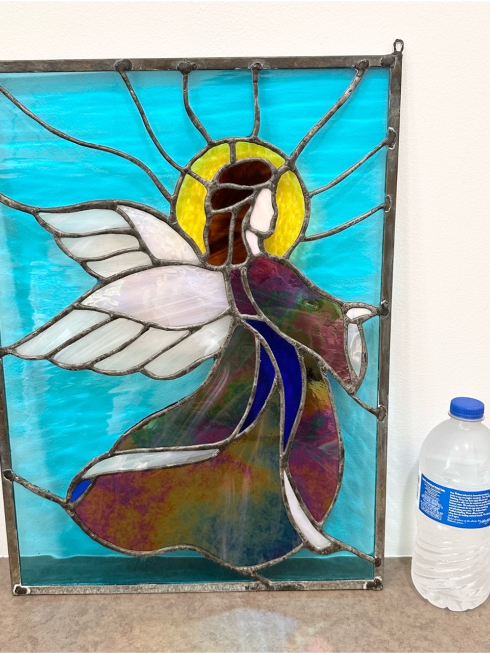 Stained Glass Angel Window Panel in Burgundy, White, Blue, Yellow 19 x 14 inches - Picture 6 of 14
